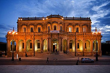 Ducezio palace town hall at night, Noto, Sicily, Italy