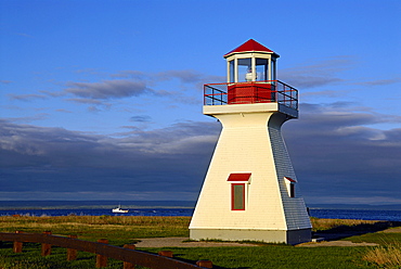 Lighthouse, bird sanctuary in the bay, Carleton, South Coast, Gaspe peninsula, Quebec, Canada, North America