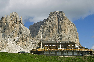 sassolungo mountain and des alpes mountain hutte, sella pass, italy