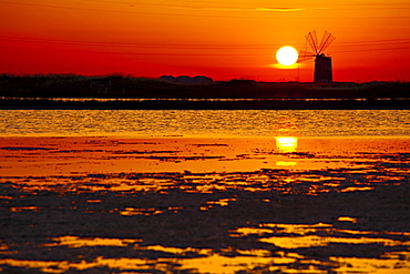 Salt works at the sunset, Trapani, Sicily, Italy, Europe