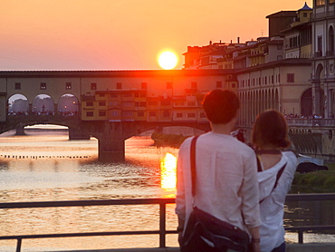 Ponte Vecchio bridge at sunset, Florence, Tuscany, Italy, Europe