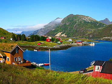 Lofoten, Flakstadoya island, view of a little fishermen village, Norway, Europe