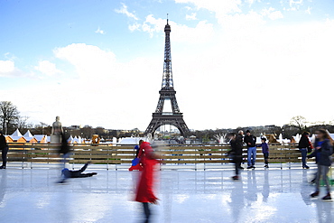 Eiffel tower and ice skating at Christmas markets, Paris, France, Europe