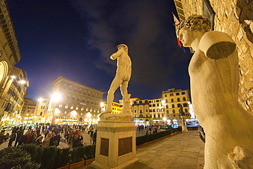 Michelangelo's David statue in Piazza della Signoria square at night, Florence, Tuscany, Italy, Europe