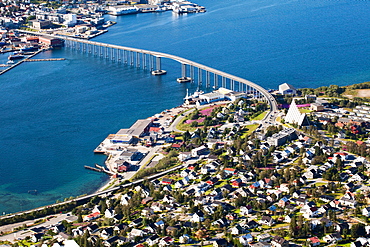 Troms0, view of the TromsÃ¸ Bridge cantilever road bridge from the Mount Storsteinen, Norway, Europe