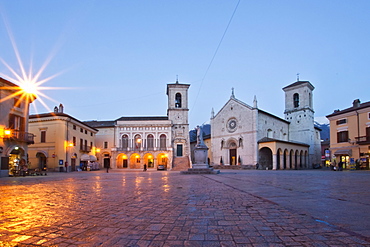 Village, St. Benedict Square, Night Landscape, Norcia, Perugia, Umbria, Italy, Europe