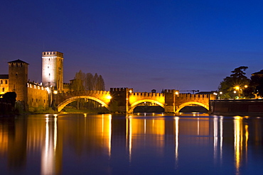 Scaliger Bridge, Night Landscape, Verona, Veneto, Italy, Europe