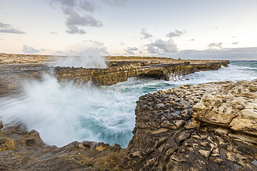 Waves of the rough sea crashing on the cliffs of Devil's Bridge, Caribbean, Antigua and Barbuda, Leeward Islands, West Indies