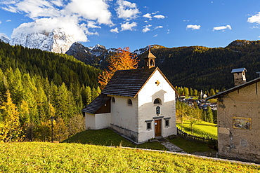 San Osvaldo church with Monte Pelmo in the background, Val Fiorentina, Veneto, Italy, Europe