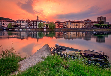 Sunset over Brivio on the shores of Adda river, Brivio, Lombardy, Italy, Europe