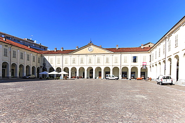 Piazza Ottinetti, the main square of Ivrea famous for the carnival orange battle, Italy