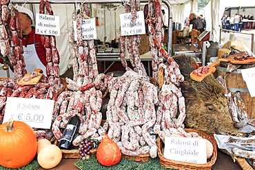 Closeup of Italian salami with relative price tags at the Moncalvo truffle fair, Moncalvo, Piedmont, Italy, Europe