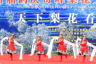 Chinese women dressed with traditional clothing dancing and singing during the Heqing Qifeng Pear Flower festival, China