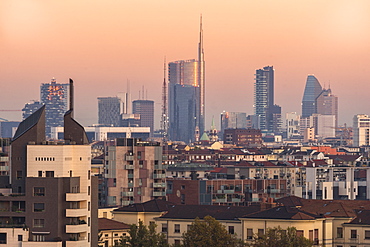 Skyline at sunset, Milan, Lombardy, Italy, Europe