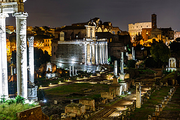 Imperial Fora at night, archaeological site,Fori Imperiali, UNESCO, World Heritage Site, Rome, Lazio, Italy, Europe