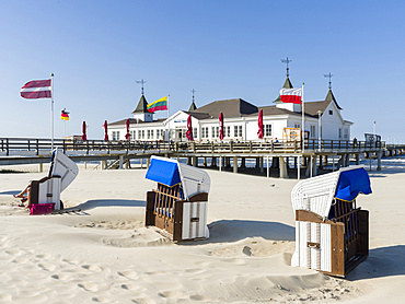 The famous pier in Ahlbeck, an iconic building in traditional german resort architecture  (Baederarchitektur) on the island of Usedom.  Europe,Germany, Mecklenburg-Western Pomerania, Usedom, June