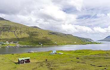 View from Streymoy to Eysturoy over the Sundini and village Oyrarbakki. The island Streymoy, North Atlantic, Europe, Northern Europe, Denmark, Faroe Islands