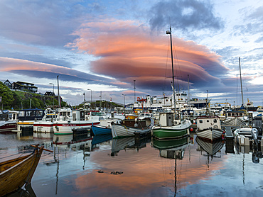 Midnight, atmospheric cloud over the eastern harbour. Torshavn (Thorshavn) the capital of the Faroe Islands on the island of Streymoy in the North Atlantic, Denmark, Northern Europe