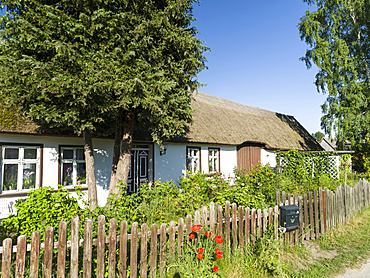 Traditional houses in the Usedomer Schweiz on the island of Usedom.   Europe,Germany, Mecklenburg-Western Pomerania, Usedom, June