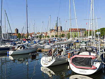 The marina at the Strelasund. The Hanseatic City Stralsund. The old town is listed as UNESCO World Heritage. Europe, Germany, West-Pomerania, June