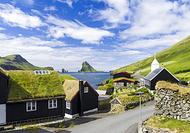 Bour (Boeur), a traditional village at Sorvagsfjordur.  The island Vagar, part of the Faroe Islands in the North Atlantic.  Europe, Northern Europe, Denmark, Faroe Islands