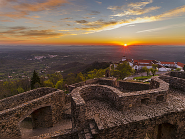 Sunrise over Marvao a famous medieval mountain village and tourist attraction in the Alentejo.  Europe, Southern Europe, Portugal, Alentejo