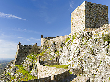 The castle dating back to moorish times in the middle ages.  Marvao a famous medieval mountain village and tourist attraction in the Alentejo.  Europe, Southern Europe, Portugal, Alentejo