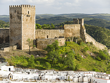 Mertola on the banks of Rio Guadiana in the  Alentejo.  Europe, Southern Europe, Portugal, March