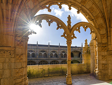 Jeronimos Monastery in Belem, part of the UNESCO world heritage, The two storied square cloister with Manueline motives, Lisbon, Portugal, Europe