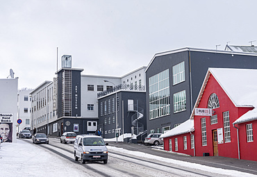 Akureyri during winter. The town center and the Museum of Art buildt in the typical icelandic version of Bauhaus architecture. Akureyri  is Icelands second largest city, second only the Reykjavik area. europe, northern europe, iceland,  March