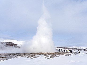 The geothermal area Haukadalur part of the touristic route Golden Circle during winter. Geysir Strokkur.   europe, northern europe, iceland, March