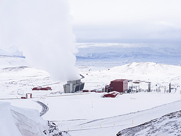 Geothermal power plant Kroefluvirkjun near the vulcano Krafla and lake Myvatn in the snowy highlands of wintery Iceland.  europe, northern europe, iceland,  February