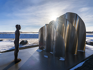 Sandgerdi, monument created by Steinunn Thorarinsdottir called Alog (enchantment). europe, northern europe, iceland,  February