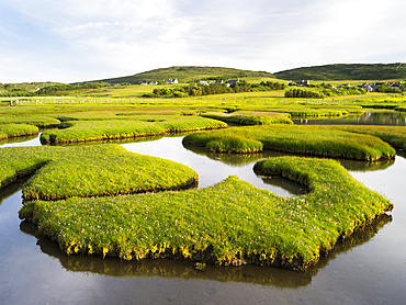 Isle of Harris, part of the island Lewis and Harris in the Outer Hebrides of Scotland. The coastal salt marsh near Northton during sunset. Europe, Scotland, July