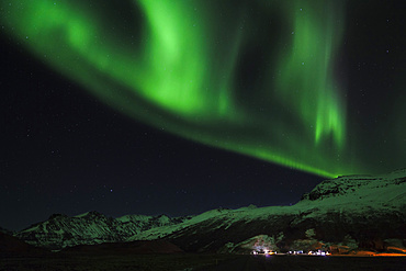 Northern Lights or aurora borealis over Vatnajoekull National Parl during Winter.  europe, northern europe, iceland,  February