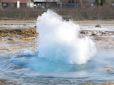 The geothermal area in Haukadalur during winter, part of the tourist route Golden Circle. The geysir Strokkur. europe, northern europe, scandinavia, iceland,  March