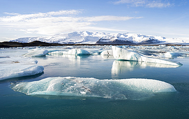 The glacial lagoon Joekulsarlon with glacier Breithamerjoekull in the Vatnajoekull NP.  In the background is peak Oeraefajoekull, the highst mountain in Iceland. europe, northern europe, iceland,  February