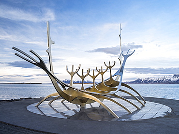 Solfar, a landmark of  Reykjavik. Solfar  icelandic for Sun Voyager is a sculture made of stainless steel in the harbour of Reykjavik made be the artist Jon Gunnar Arnason.  europe, northern europe, iceland,  February