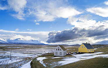 Contemporary Houses, one roof made of traditional peat and turf, in Skagafjoerdur during Winter. europe, northern europe, iceland,  February