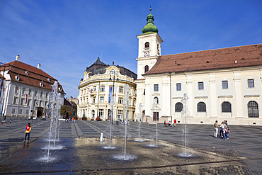 Sibiu, Hermannstadt in Transylvania, Piata Mare with town hall and roman catholic cathedral of the german saxon minority, Europe, Eastern Europe, Romania, Sibiu