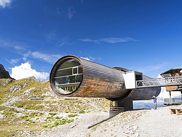 mountain station of Karwendel cablecar with the information center in the Fernrohr (telescope).  Europe, Central Europe, Germany, September