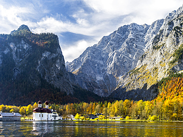 St. Bartholomae chapel at the shore of lake Koenigssee in the NP Berchtesgaden. Europe, Central Europe, Germany, Bavaria, October