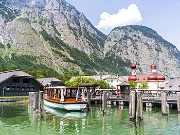 St. Bartholomae chapel at the shore of lake Koenigssee in the NP Berchtesgaden. Europe, Central Europe, Germany, Bavaria, July