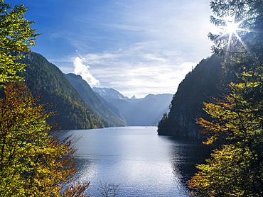 Malerwinkel (Painters Corner) at lake Koenigssee in the National Park Berchtesgaden.  Europe, Central Europe, Germany, Bavaria, October