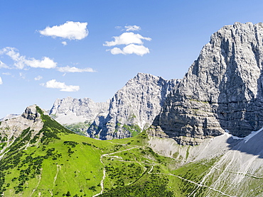 Karwendel Mountain Range between Johannestal and Lamsen Spitze, Austria.   The Karwendel limestone mountain range is the largest range in the eastern alps. Large parts of the Karwendel are protected and a popular destination for tourists, hikers and climbers. Europe, Central Europe, Austria, Tyrol, July