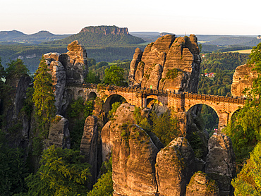 Elbe Sandstone Mountains (Elbsandsteingebirge) in the National Park Saxon Switzerland (Saechsische Schweiz). The famous Bastei Bridge and the Bastei rock formations.  Europe, central europe, germany, saxony, June