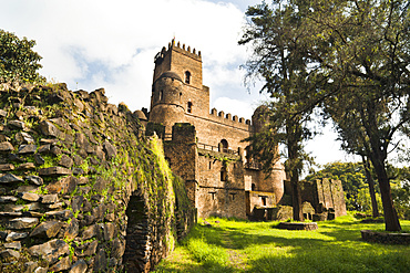 Fasil Ghebbi, fortress like royal enclosure, Gonder, Ethiopia. View from Fasiladas palace, in the middle the library of Johannes I. The library was renovated during the italian occupation, Africa, East Africa, Ethiopia, Gonder, September 2010