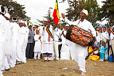 Groups of dancers and musicans are celebrating timkatTimkat cerimony of the ethiopian orthodox church, Timkat procession is entering the jan meda sports ground in Addis Ababa, where the three day cerimony takes place, Timkat  is also the celebration of the baptism of Jesus, for this purpose sacred water is distributed, Africa, East Africa, Ethiopia, Addis Ababa, Africa, East Africa, Ethiopia, Addis Ababa