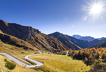 Road to Passo di Fedaia near mount  Marmolada in the Dolomites.  The Dolomites  are part of the UNESCO world heritage. Europe, Central Europe, Italy, October