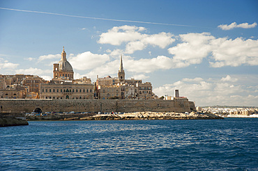 La Valletta, Capital of Culture 2018, skyline with the Carmelite Church dome and St. Pauls Anglican Cathedral, Malta Island, Mediterranean Sea, Europe